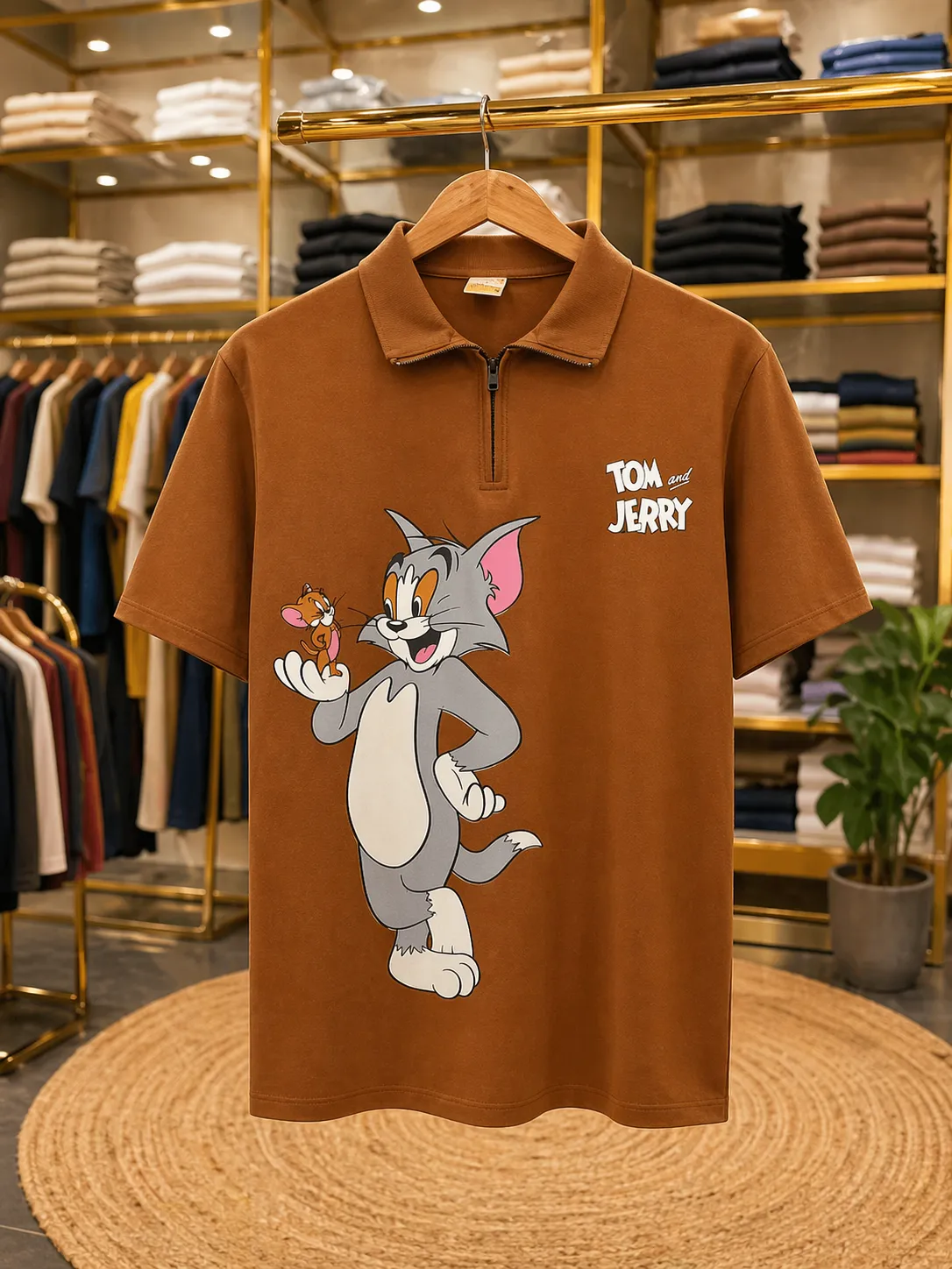 Men's Brown Tom and Jerry Zip-Up Polo